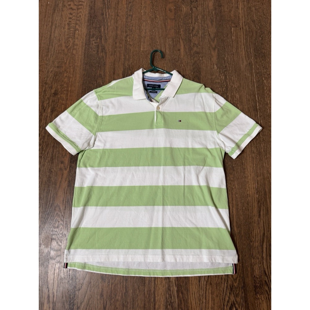 Tommy Hilfiger Mens XXL Custom Fit Striped Polo Shirt Green White Rugby